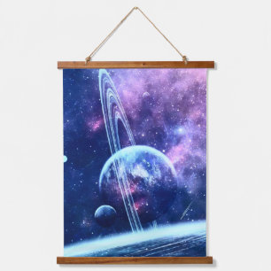 Celestial Blue Nebula & Ringed World Dreamscape Hanging Tapestry