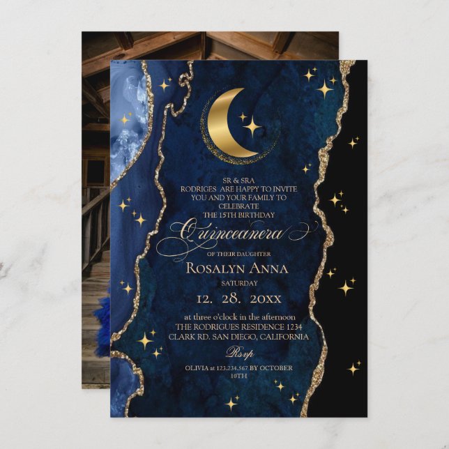  Celestial Blue Quinceanera Midnight Stars Moon  Invitation (Front/Back)