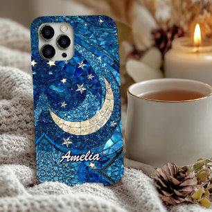 Celestial Blue Silver Stained Glass Moon iPhone 16 Case