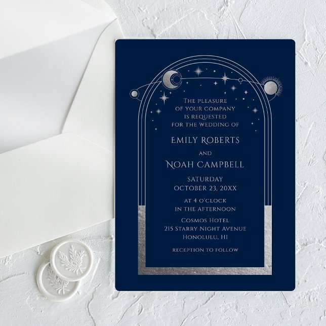 Celestial Blue Silver Sun Moon Astronomy Wedding Acrylic Invitations (Creator Uploaded)