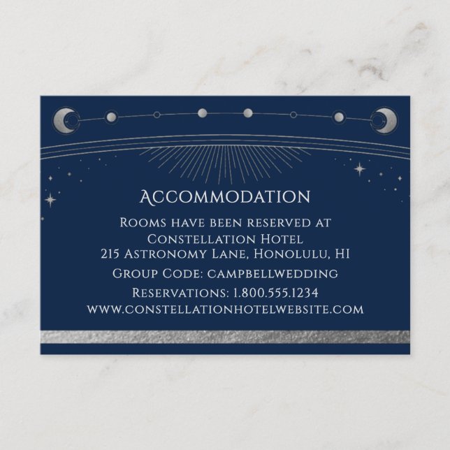 Celestial Blue Silver Sun Moon Stars Accommodation Enclosure Card (Front)