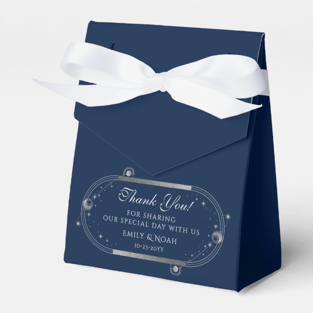 Celestial Blue Silver Sun Moon Stars Wedding Favour Box (Front Side)