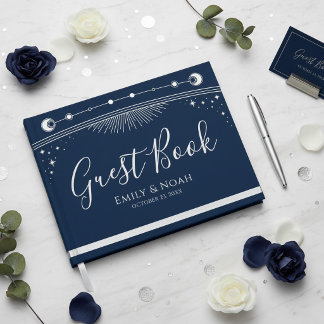 Celestial Blue Silver Sun Moon Stars Wedding  Guest Book