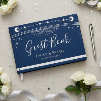 Celestial Blue Silver Sun Moon Stars Wedding  Guest Book