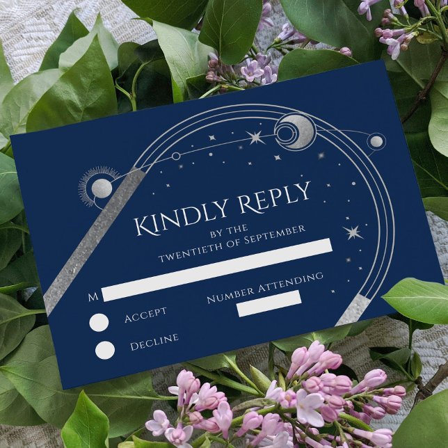 Celestial Blue Silver Sun Moon Stars Wedding RSVP Card (Creator Uploaded)