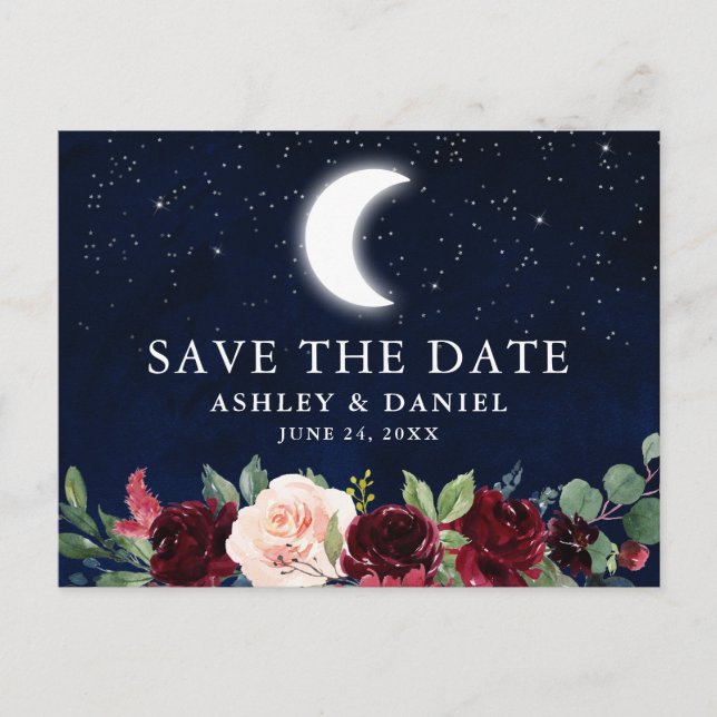 Celestial Blue Sky Moon Stars Floral Save The Date Postcard (Front)