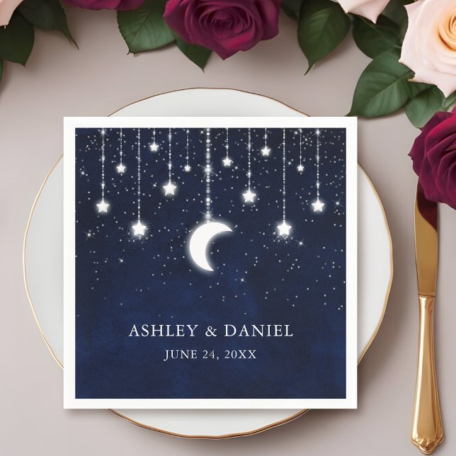 Celestial Blue Sky Moon Stars Lights Wedding Napkin (Customize to change text size or text style.)