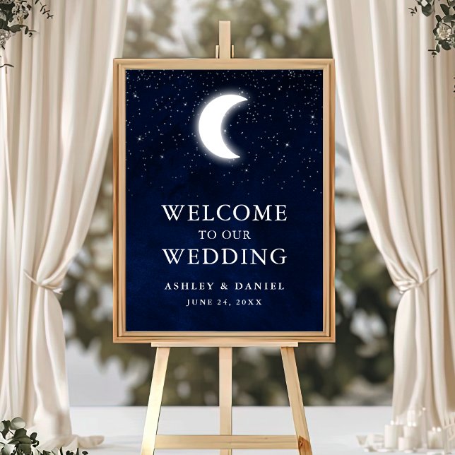 Celestial Blue Sky Moon Stars Wedding Welcome Poster (Customize to change text color, text size, text style or size of poster.)
