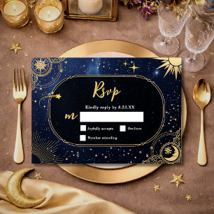 Celestial Blue Sun Moon Shooting Star Wedding RSVP Card