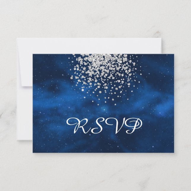 Celestial Blue Universe with Silver Confetti RSVP Card (Front)