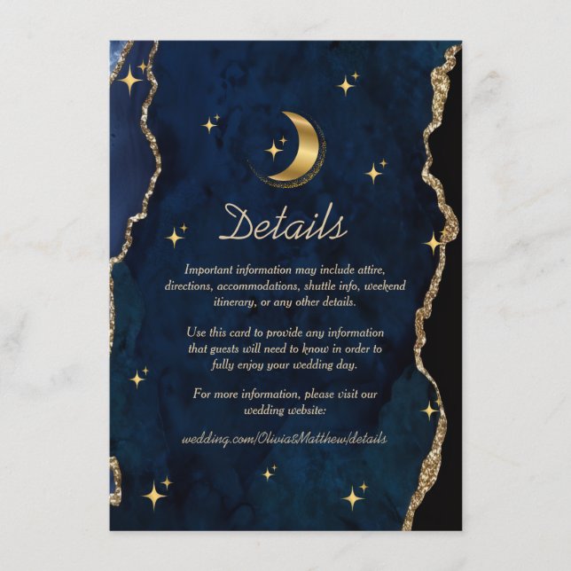 Celestial Blue Wedding Midnight Stars Moon  Enclosure Card (Front)