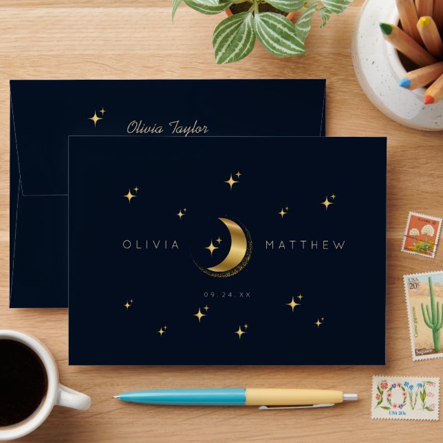 Celestial Blue Wedding Midnight Stars Moon  Envelope (Desk)