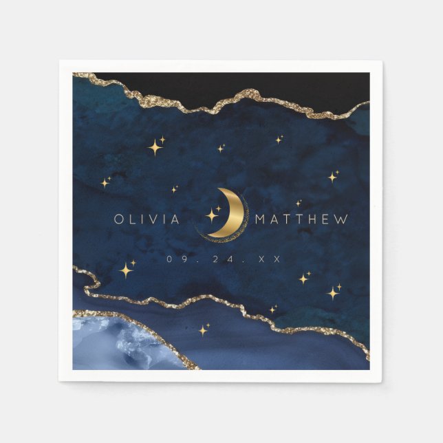 Celestial Blue Wedding Midnight Stars Moon  Napkin (Front)