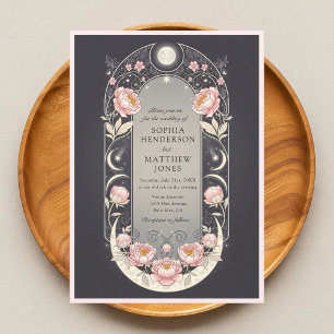 Celestial Blush Blossom Art Nouveau Wedding Invitation