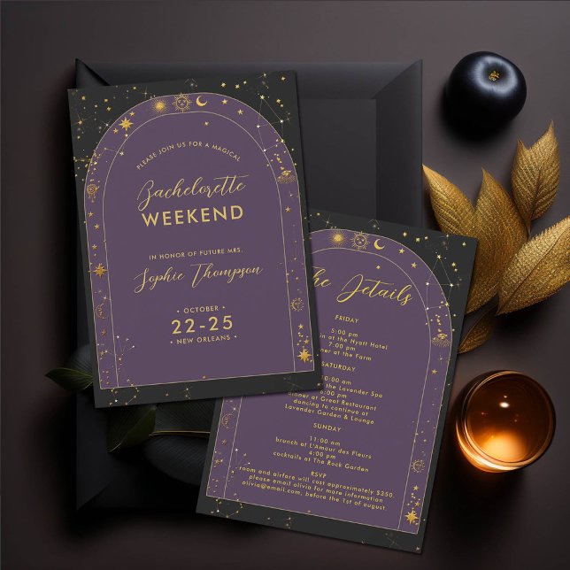 Celestial Boho Arch Bachelorette Party Itinerary Invitation (new orleans nola celestial mystical horoscope tarot bachelorette party itinerary boho arch gold star)