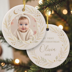Celestial Boho Baby First Christmas Photo Ceramic Ornament