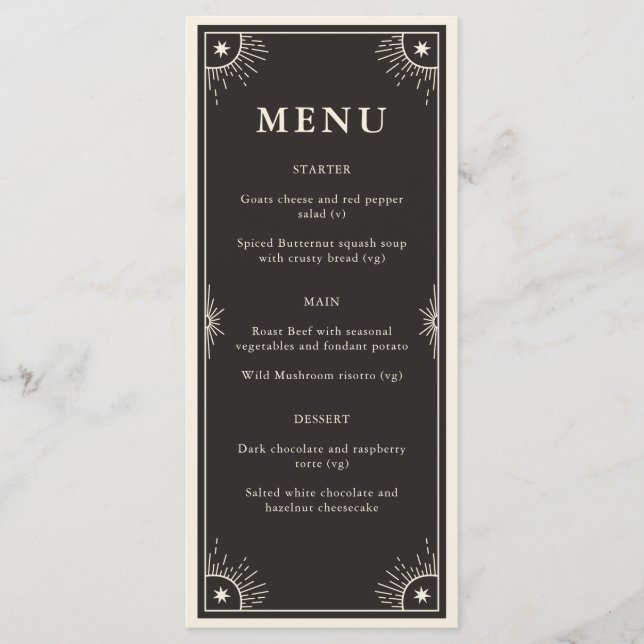 Celestial boho Tarot Stars wedding dinner menu  (Front)