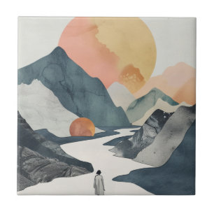 Celestial Boho Woman Golden Coral Mountain Journey Ceramic Tile