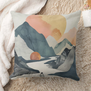 Celestial Boho Woman Golden Coral Mountain Journey Cushion