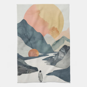 Celestial Boho Woman Golden Coral Mountain Journey Tea Towel