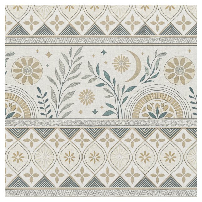 Celestial Botanical Folk Art Seamless Pattern Fabric (Close Up)