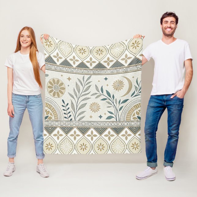 Celestial Botanical Folk Art Seamless Pattern Fleece Blanket (In Situ)