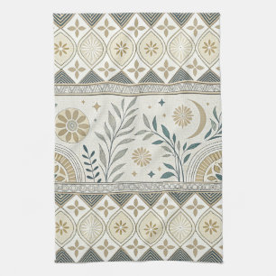 Celestial Botanical Folk Art Seamless Pattern Tea Towel