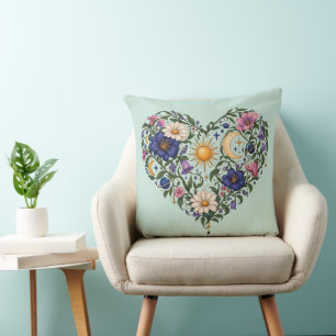 Celestial Botanical Heart Throw Pillow