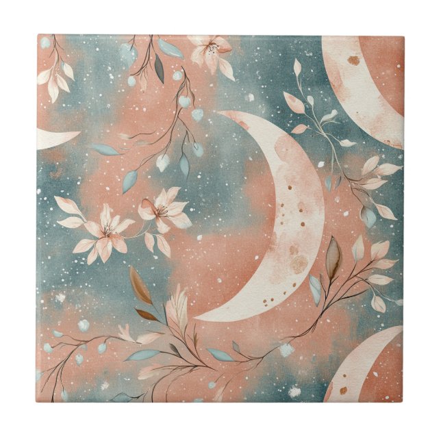 Celestial Botanical Pattern Terracotta Slate Blue  Ceramic Tile (Front)