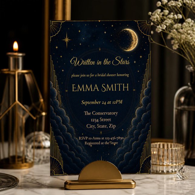 Celestial Bridal Shower Invitation | Elegant Navy (Elegant navy & gold celestial bridal shower invitation with moon, stars and luxurious Art Deco style)