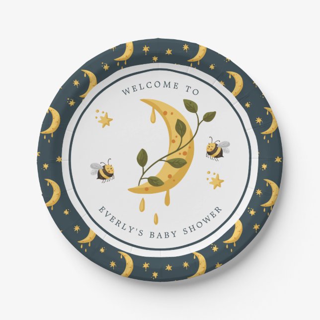 Celestial Bumblebee Moon Honey Baby Shower Paper Plate (Front)