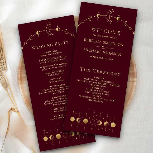 Celestial Burgundy Crescent Moon Wedding Program (Creator Uploaded)
