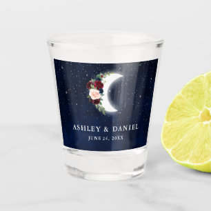 Celestial Burgundy Floral Moon Stars Wedding Shot Glass