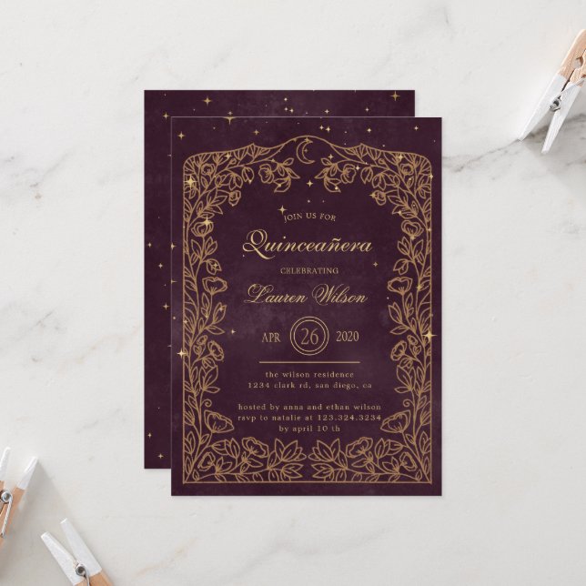 Celestial Burgundy Gold Exclusive Quinceanera Invitation (Front/Back In Situ)