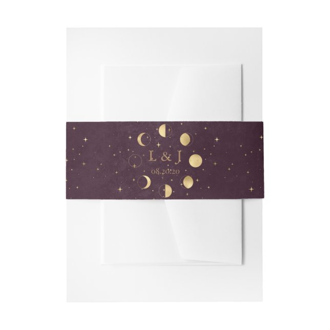 Celestial Burgundy Gold Moon Phases Wedding Invitation Belly Band (Front Example)