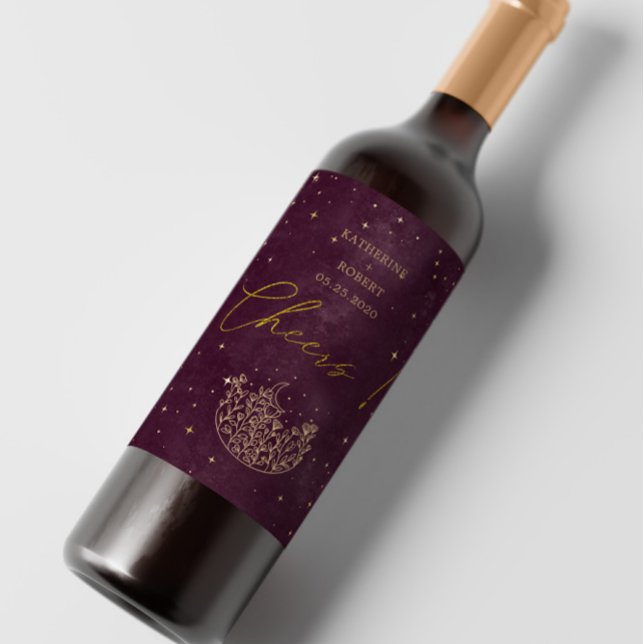 Celestial Burgundy Gold Moon Wedding Wine Label (Creator Uploaded)
