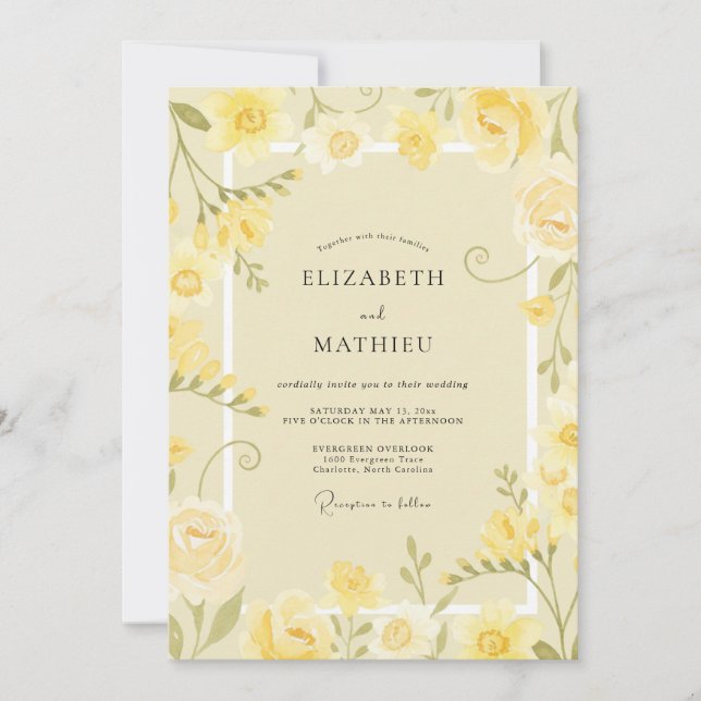Celestial Butter Yellow Petal Wedding Invitation (Front)