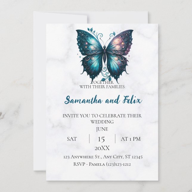 Celestial Butterfly Marble Wedding Invitation (Front)