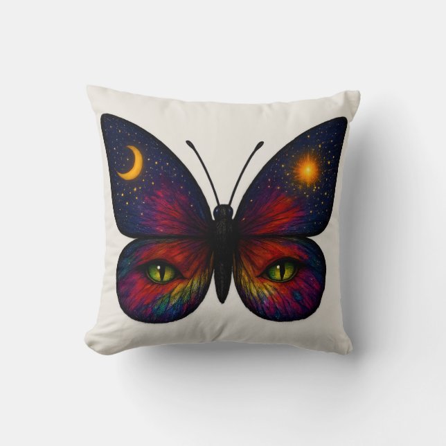 Celestial Cat-Eye Butterfly Colorful Sun Moon Boho Cushion (Front)