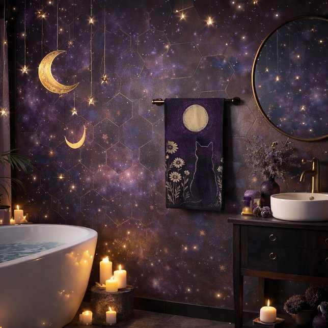Celestial Cat Floral Purple Bath Towel Set (Creator Uploaded)