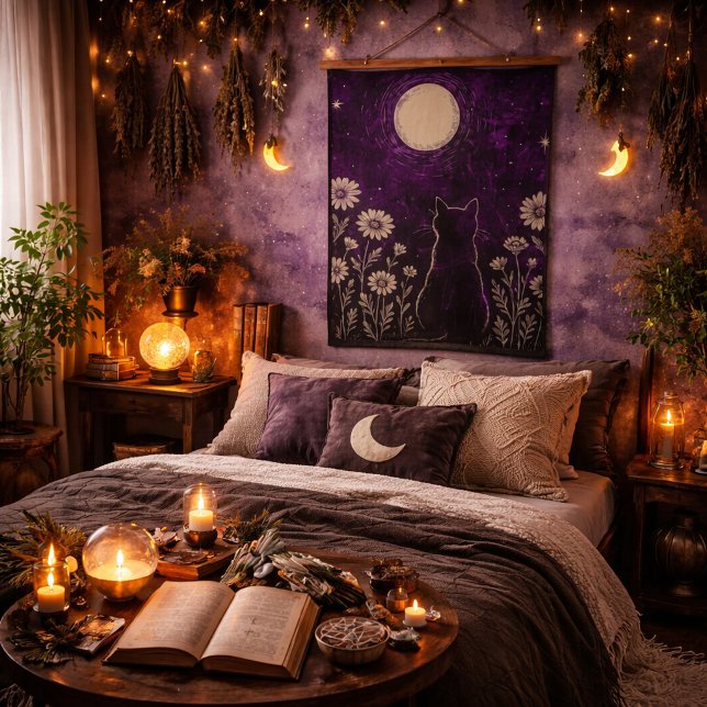 Celestial Cat Floral Purple Hanging Tapestry (Creator Uploaded)