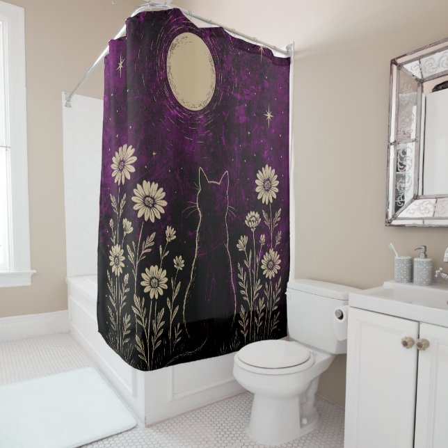 Celestial Cat Floral Purple Shower Curtain (In Situ)