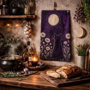 Celestial Cat Floral Purple Tea Towel