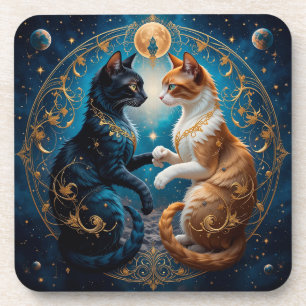 Celestial Cats in Cosmic Art with Gold and Blue Coaster