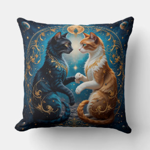 Celestial Cats in Cosmic Art with Gold and Blue Cushion