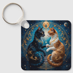 Celestial Cats in Cosmic Art with Gold and Blue Key Ring