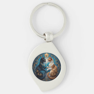 Celestial Cats in Cosmic Art with Gold and Blue Key Ring