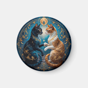Celestial Cats in Cosmic Art with Gold and Blue Magnet