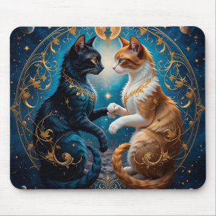 Celestial Cats in Cosmic Art with Gold and Blue Mouse Pad