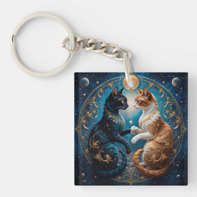 Celestial Cats With Cosmic Gold Blue Theme 🐱 Key Ring (Front)